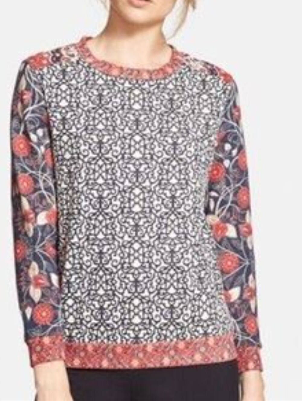 Tory Burch Mixed-Pattern Long Sleeve Sweat-shirt 100% Pima Cotton M